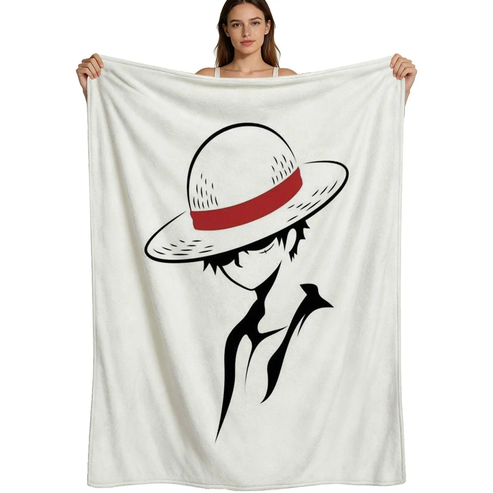 Anime Style, Warm Flannel Blanket, Straw Hat Luffy Silhouette Design, Soft Fleece Fabric With Vibrant Print, For Fans And Bedroom Decor, 4 Sizes Available Single Pack