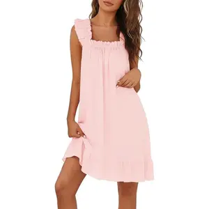 Marvmys Nightgowns for Women Sleeveless Ruffle Night Gown Ladies House Dress Tank Bridal Nightdress S-3XL
