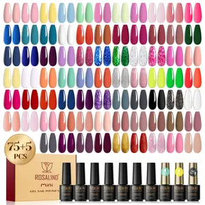 ROSALIND Mini 80pcs Gel Nail Polish Set-75 Shiny Giltter Colors with 5 Bottles of Funtional Glue Base and Glossy&Matte Effect Top Coat for Starter Gel Manicure Nails Set Suitable for All Seasons Need Lamp to Dry Clear Cutics