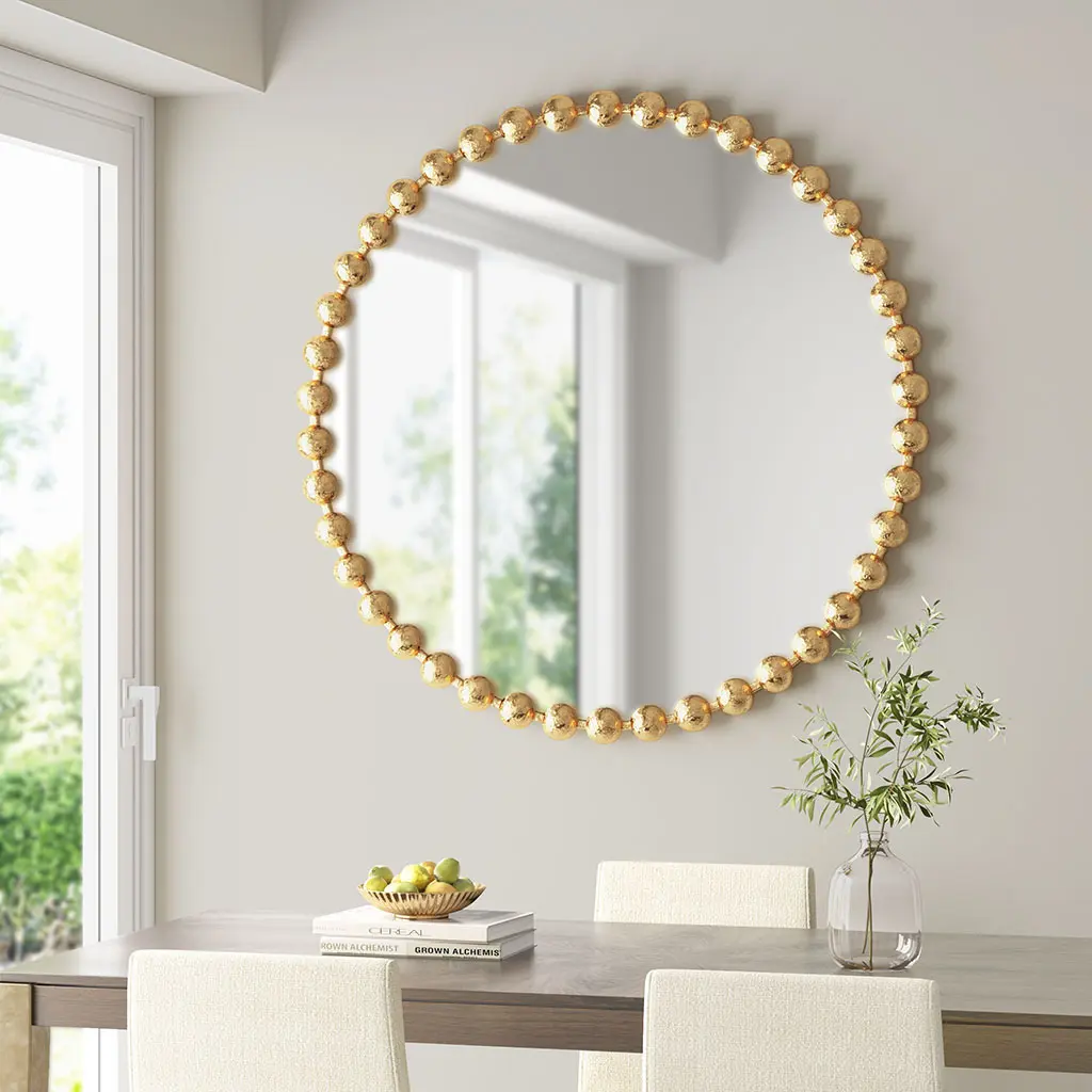 Decorative Round Wall Mirror with Beaded Frame, Multiple Size and Finish Options for Boho Living Room, Bedroom, Entryway Decor