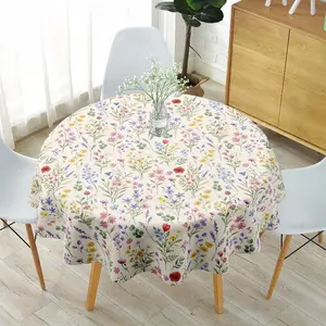 1PC Round Tablecloth, Light Beige Background with Colorful Watercolor Wildflowers (Pink/Purple/Yellow/Red) & Green Foliage Pattern, Decorative Table Linen for Dining Table, Home Decor & Floral-Themed Gatherings, Washable Table Cover