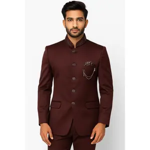 Burgundy Colored Two Piece Suit for Men with Hand Embroidered Collar