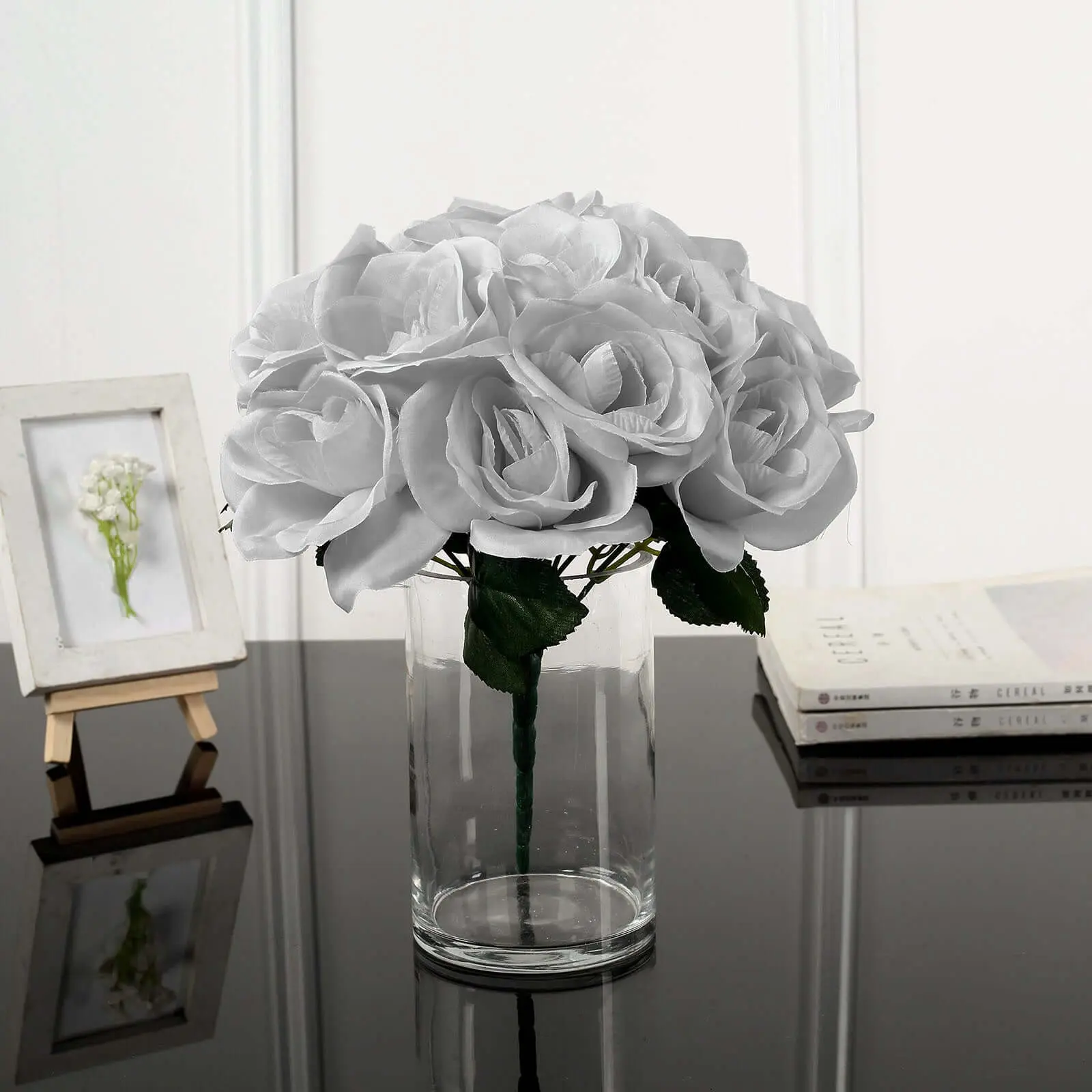12" Silver Velvet-Like Artificial Rose Bouquet, Decorative Floral Arrangement