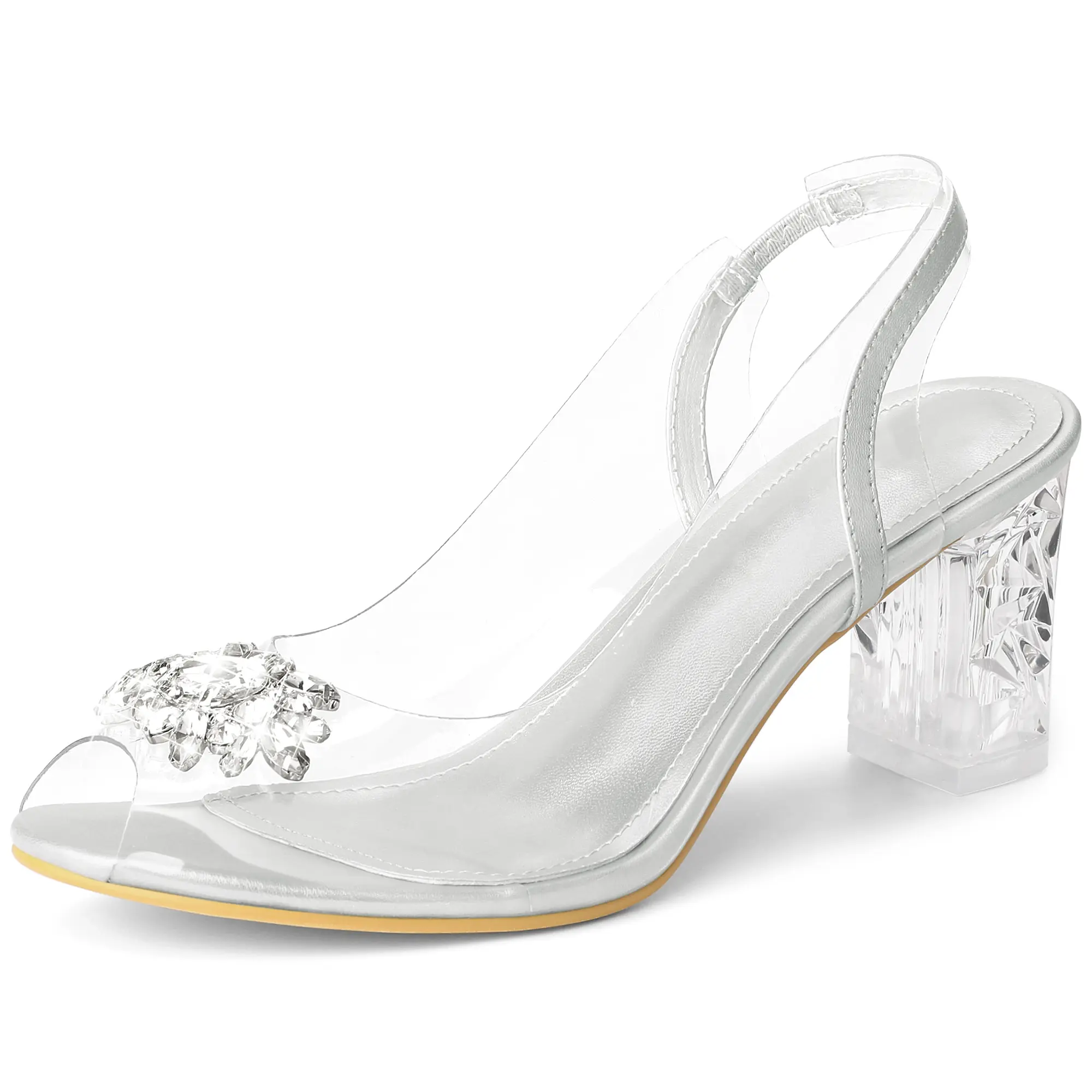BLISSFUL STEP Clear Slingback Rhinestone Peep Toe Block Heels Sandals