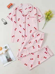 Women's Cute Butterfly Pajama Set, Fitted Two-Piece Sleepwear, Short Sleeve Button-Down Top and Long Pants, Comfortable Home