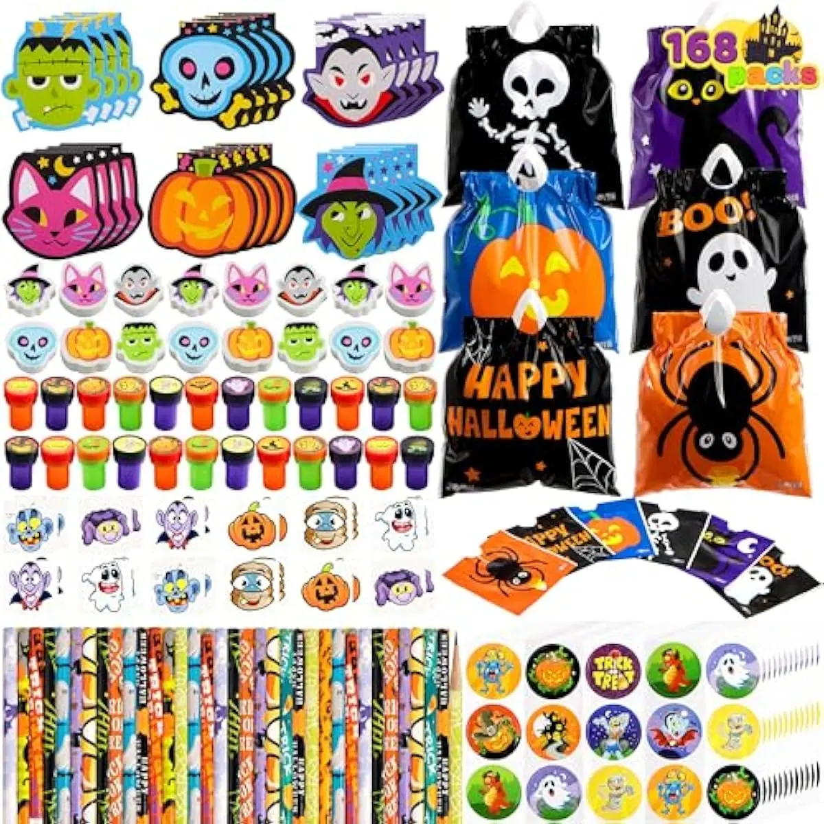 168 Pcs 24 Pack Assorted Halloween Art and Craft Stationery Kids Gift Set Trick or Treat Party Favor Toy Including Halloween Bag, Notepads, Stamps, Pencils, Stickers and Temporary Tattoos