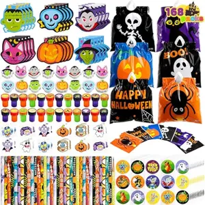 168 Pcs 24 Pack Assorted Halloween Art and Craft Stationery Kids Gift Set Trick or Treat Party Favor Toy Including Halloween Bag, Notepads, Stamps, Pencils, Stickers and Temporary Tattoos