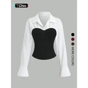 This women's white long-sleeved blouse with puff sleeves and patchwork design is elegant and versatile, suitable for everyday wear and various occasions Shirts