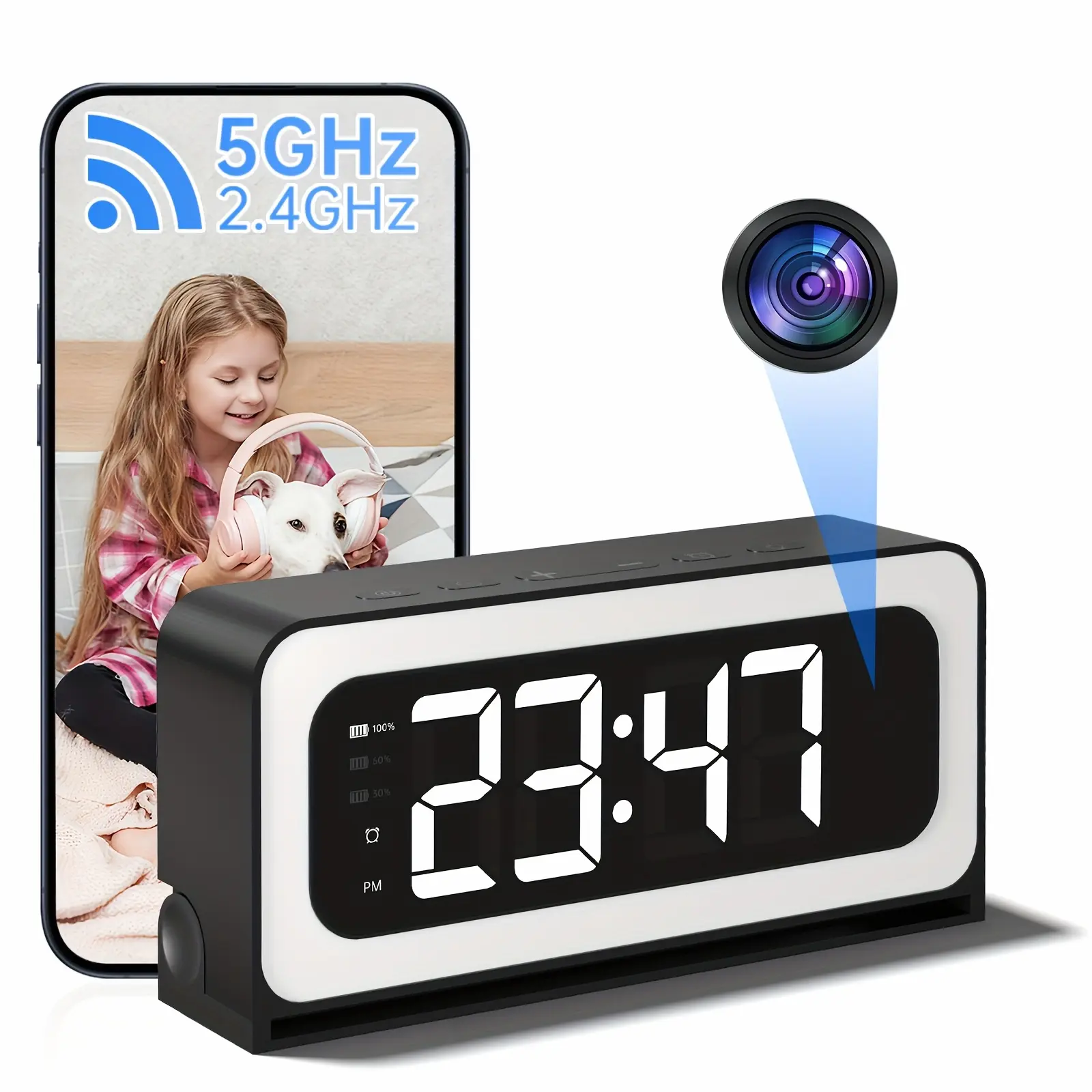 Smart Clock Camera - 5G&2.4G WiFi Wireless Indoor Home Security Camera, 2K Resolution, 360°PTZ, 2-Way Talk, Color Night Vision, Human Motion Detection