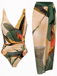 Women's Ruched Backless Tropical Leaf Print Wrap Swimsuit & Tie Front Skirt Set, Boho Sleeveless Set for Beach Holidays, 2026 Ladies Summer Swimwear, Swimsuits Skirts, Swimsuit Surplice bikini