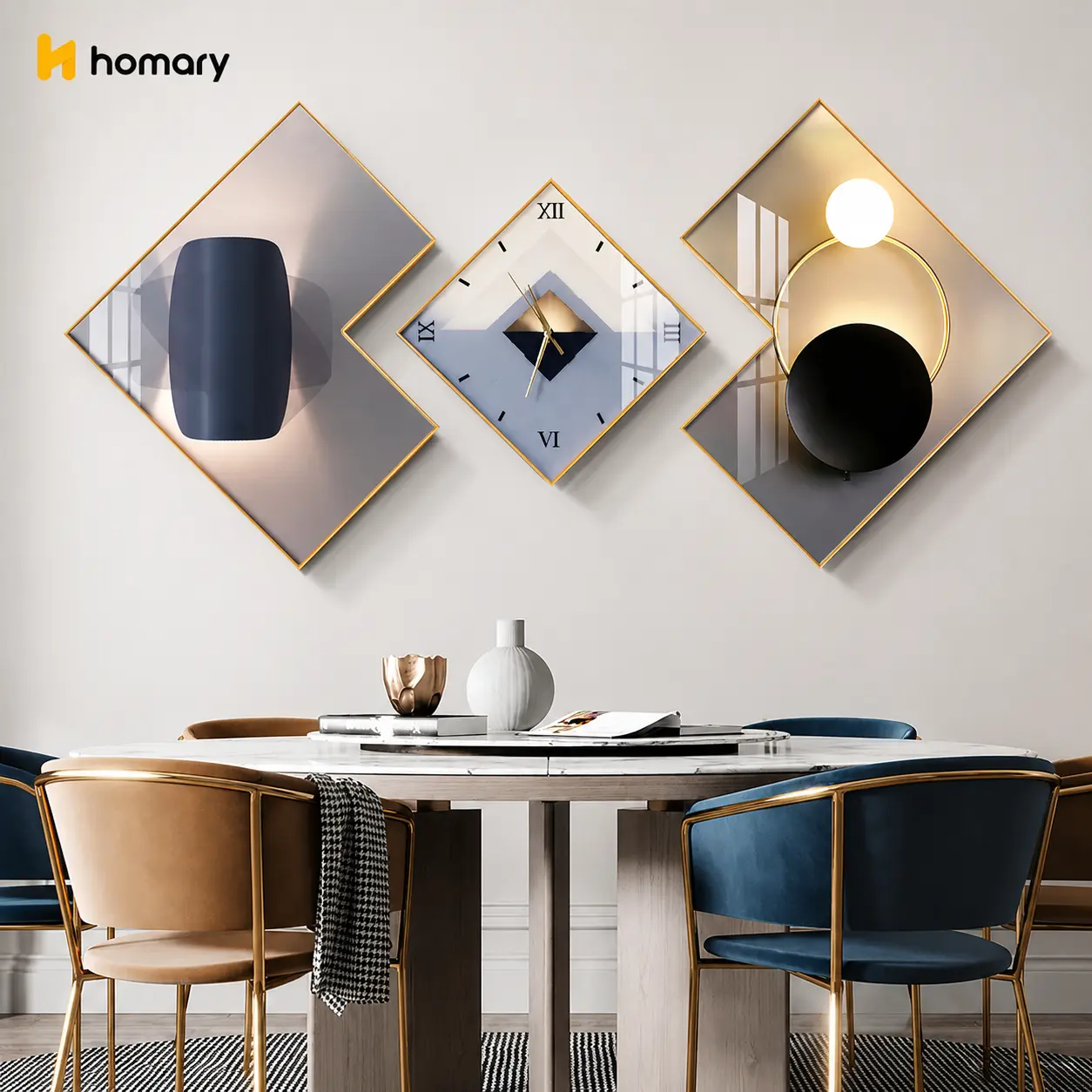 Homary 3-Pcs Geometric Square Modern Abstract Silent Movement Aluminium Analog Decorative Wall Clock Set - Gold-Frame Canvas Artwork, Hanging Home Supplies for Living Room Wall Decor, Room Decor, Silent Quartz Tick, House Decor