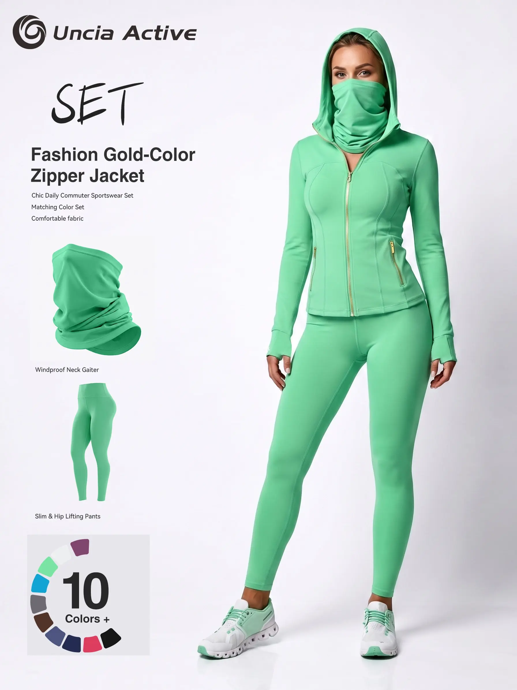 Uncia Active Women Hooded Gold Zipper Workout Jacket & High Waist Flare Leggings Set With Windproof Neck Gaiter