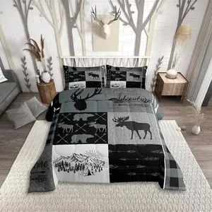 Cabin Retro Rustic Lodge Comforter Set,Hunting Deer Bear Bedding Set,Christmas Farmhouse Camper Duvet Insert,Plaid Geometric Patchwork Quilt
