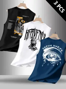 Men's 3-Pack Set Summer Round Neck Sleeveless Print T-Shirts, Street Style Casual Wear, Perfect for Daily Leisure and Layering, Streetwear, Top