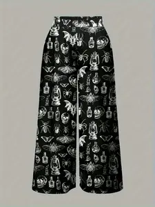 Plus Size Casual Bat & Skull Print Halloween Pants, Elastic Waist Pockets, Women's Long Pants, Comfortable and Stylish