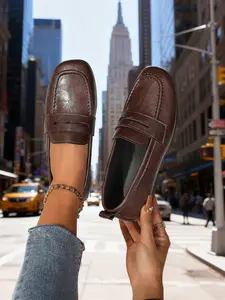 Women's Fashion Vintage Penny Loafer Shoes, Square Toe Soft Leather, Low Heel Comfortable Walk, Classic British Style for Commute & Daily Wear