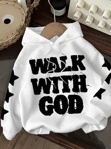 Unisex White Hoodie with "Walk With God" Print, Star and Geometric Design, Trendy Streetwear for Teens and Young Adults, Casual Pullover Sweatshirt