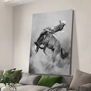 2D Flat Frame Wrapped Canvas, Vivid Cowboy and Horse Round Dance Canvas Wall Art, Black and White Action-Filled Western Decoration, Country Style, Ready to Hang, Indoor Use, Western Enthusiasts, Medieval Retro Decoration, 2D, Room Decoration