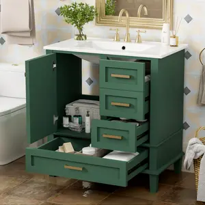 30" Bathroom Vanity in (Green/White/Grey/Blue/Black), Modern Bathroom Cabinet with Sink Combo Set, Bathroom Storage Cabinet with a Soft Closing Door and 3 Drawers, Solid Wood Frame