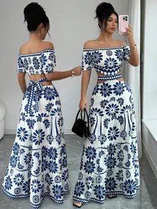 Women's Floral Off-Shoulder Short Sleeve Hollow Out Waist Fashion Dress, Tropical Vacation Women's Dress, Long Dress for Summer