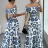 Women's Floral Off-Shoulder Short Sleeve Hollow Out Waist Fashion Chic Dress, Tropical Vacation Women's Dress, Long Dress for Summer, Floral Woven Dress