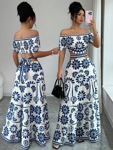 Women's Floral Off-Shoulder Short Sleeve Hollow Out Waist Fashion Dress, Tropical Vacation Women's Dress, Long Dress for Summer