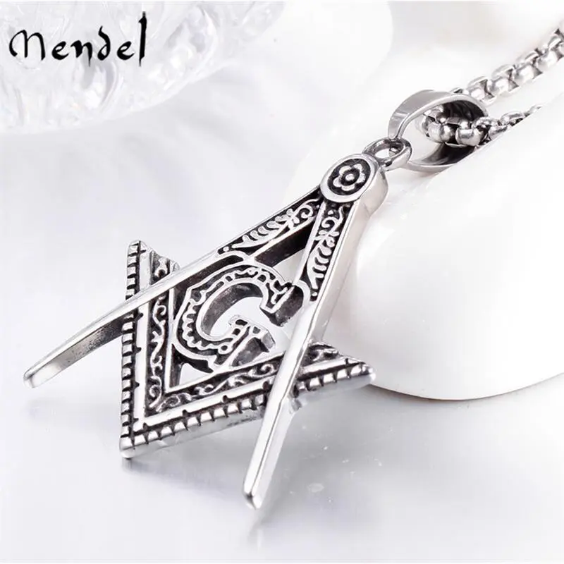 MENDEL Mens Freemason Masonic Lodge Pendant Necklace Stainless Steel Silver Men