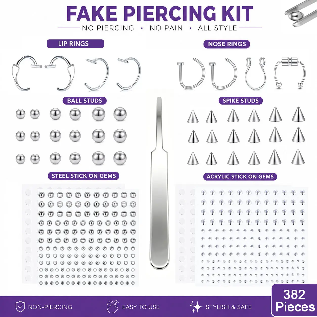 382PCs Fake Piercing Stick-On Nose Studs, Lip Piercings, Nose Hoop, Snake Bites, Eyebrow Piercings for Daily Wear, Halloween Party, Y2K Style Creative Gift