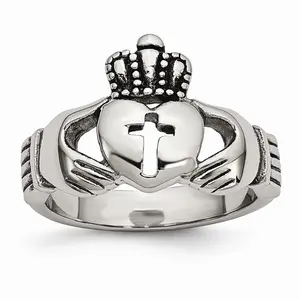 Stainless Steel Claddagh Ring with Cross Polished Antiqued Finish