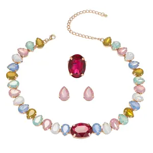 Colorful Dopamine Jewelry Set for Women - Rainbow Teardrop Crystal Statement Necklace, Earrings & Ring Set - Y2K Aesthetic Candy Color Gemstone Choker - Summer Party Accessories - Gift for Her
