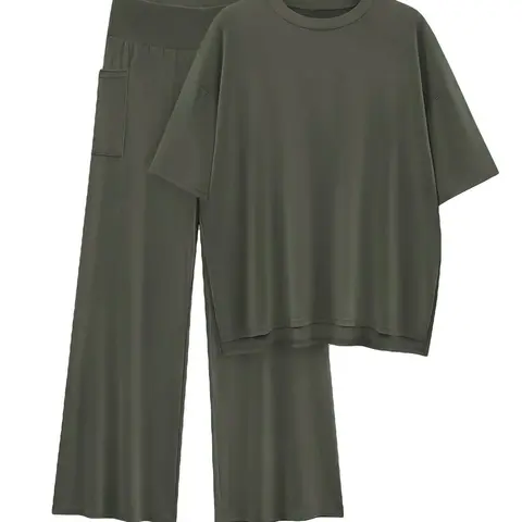 Women's Solid Baggy Drop Shoulder Tee & Elastic Waist Pants Two-piece Set, Outfit Set, Basic Casual Fashion Cozy Half Sleeve Top & Trousers for Daily Outdoor Wear, Ladies Clothes for All Seasons