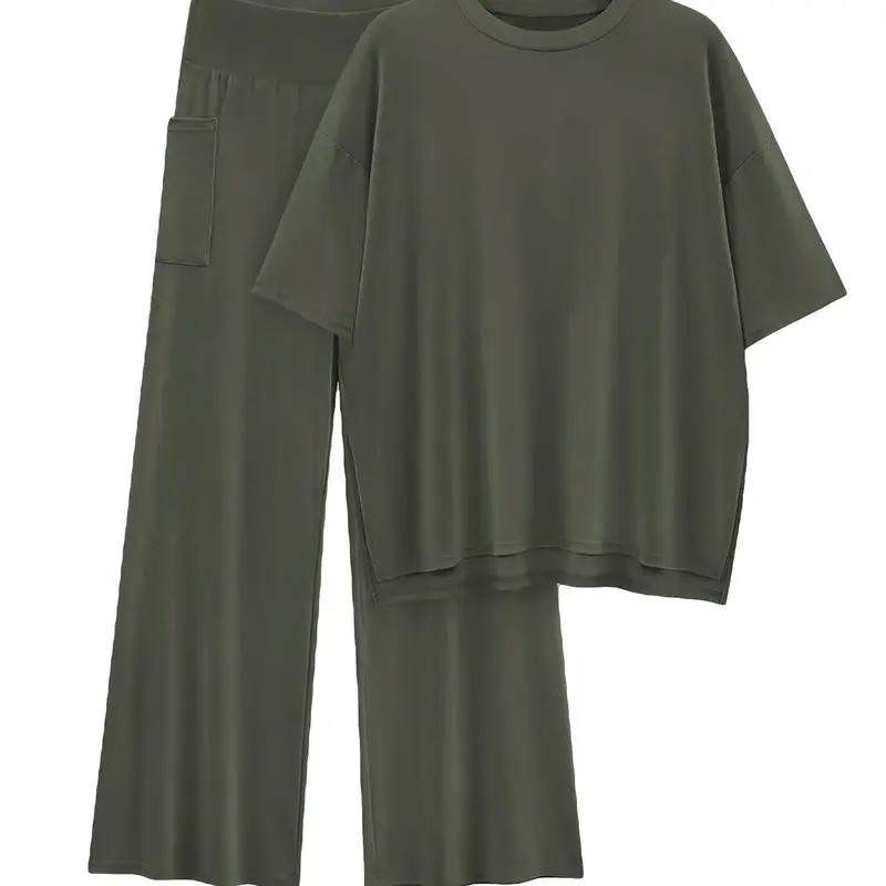 Women's Solid Baggy Drop Shoulder Tee & Elastic Waist Pants Two-piece Set, Outfit Set, Basic Casual Fashion Cozy Half Sleeve Top & Trousers for Daily Outdoor Wear, Ladies Clothes for All Seasons