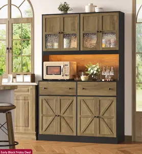 FOTOSOK 71" Pantry Cabinet with LED Light and Charging Station, Wide Kitchen Pantry Cabinet with Microwave Stand