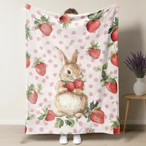 Easter Bunny with Strawberries Graphic Flannel Blanket,Pink Polka Dot Soft Plush Throw for Home Office Travel Camping,Perfect for Nursery & Kids