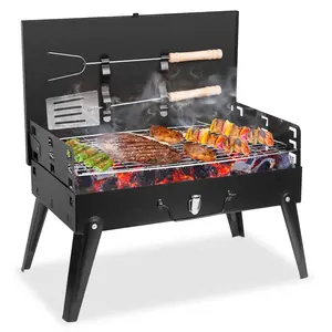 Portable Charcoal Grill, Small BBQ Grill Outdoor Folding Barbecue Grill with Barbecue Accessories & Lid, Foldable Camping Grill for Outdoor Cooking Camp Picnic Hiking Beach Patio Smokers backyard