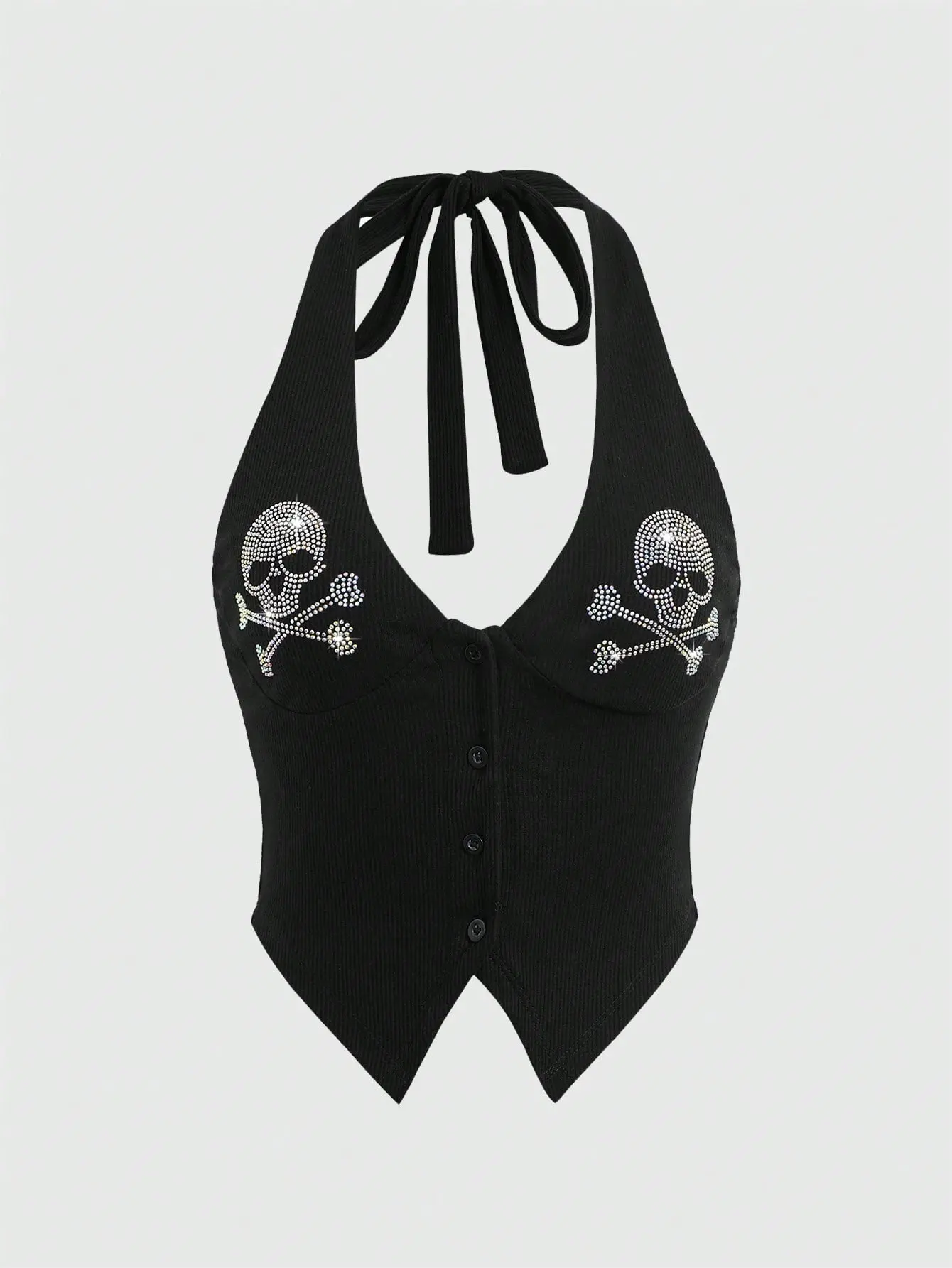 Women's Y2K Punk Rhinestone Skull Halter Top Backless Asymmetrical Hem Kpop Alternative Fashion
