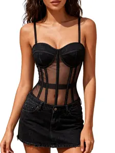 Women's Mesh Corset Top, Solid Color Sleeveless Summer Casual Wear, Feminine, Comfortable Breathable Daily Clothing, Semi-Transparent Lace Bodysuit, Underwear, Womenswear, Elegance