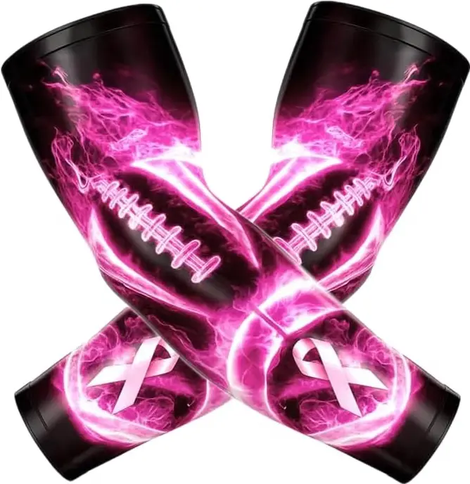 Football Compression Arm Sleeve Pink Ribbon Cancer Awareness Football Flames Pair (2pc)