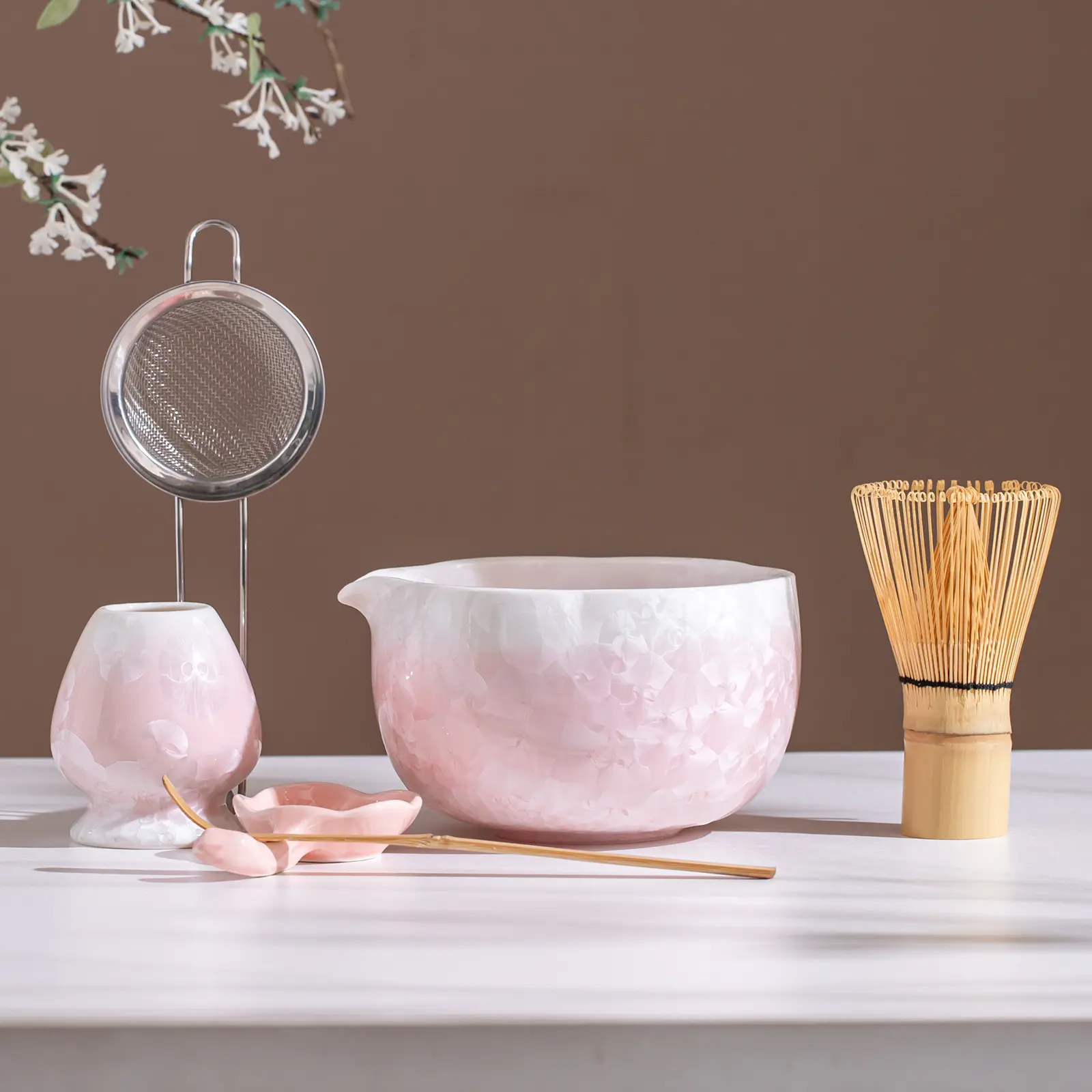 Pink Matcha Dreams  6-Piece Ceramic Matcha Set with Gradient Glaze Bowl, Flower Holder, Whisk & Accessories for Your Home Cafe