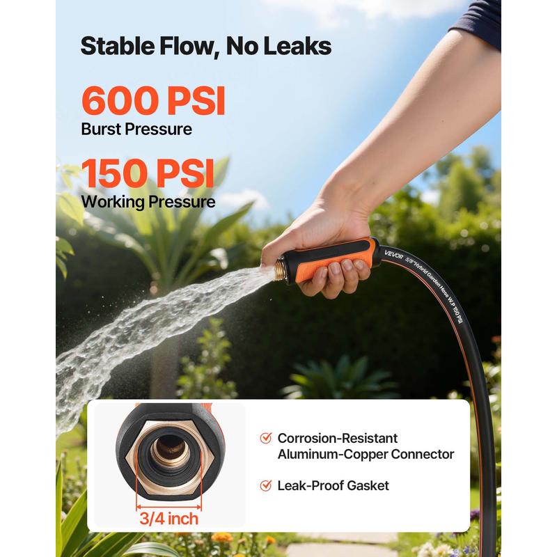 VEVOR Garden Hose, 25 ft 5/8" Heavy Duty 4-Layer Rubber Water Hose, 150PSI Working & 600PSI Burst, Flexible & Non-kink Outdoor Waterhose with 3/4" Fitting, Lightweight Hoses for Gardening Cleaning