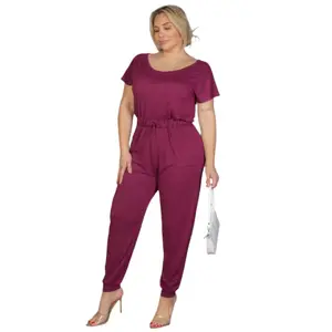 Plus Size Solid Drawstring Short Sleeve Jumpsuit