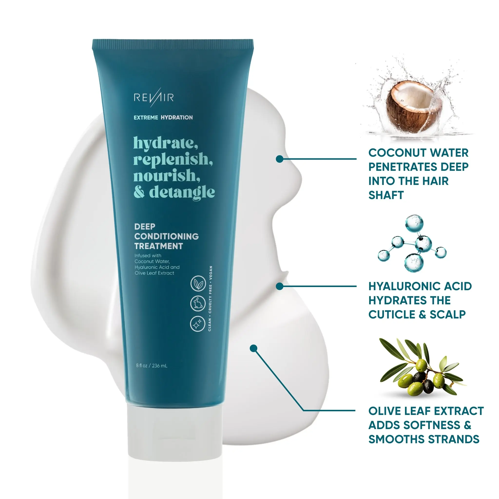 RevAir Extreme Hydration Deep Conditioning Treatment with Coconut Water, Hyaluronic Acid & Olive Leaf Extract - Nourishing Hair Mask for Moisture-starved Strands 8 oz.