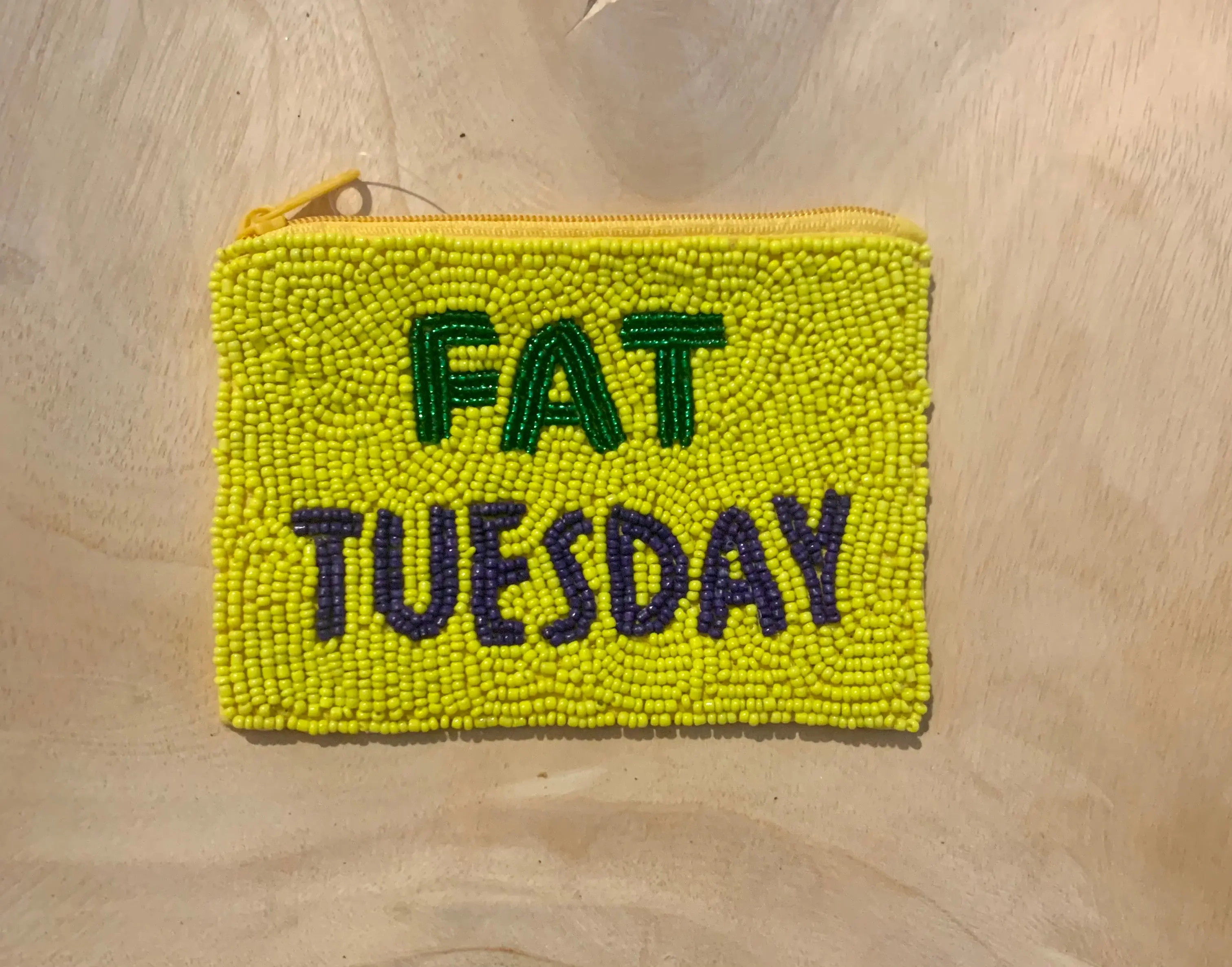 Fat Tuesday Seed Bead Coin Purse/Pouch - Yellow Beadboard with Text "FAT TUESDAY" - Features Colorful Beadwork Design