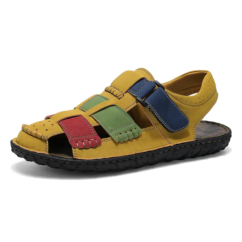 Vintage Colorful Leather Sandals – Men’s Hand-Stitched Casual Beach Shoes, Breathable Closed-Toe Summer Footwear with Multi-Color Block Design