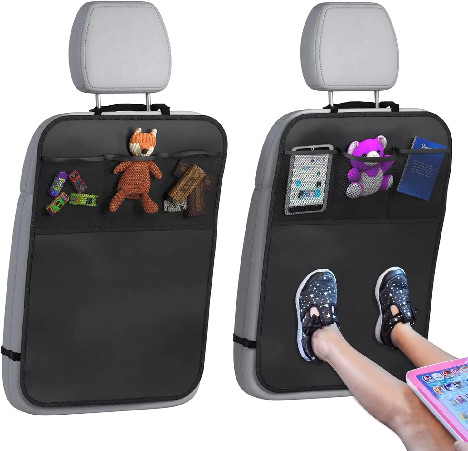 2-Pack Extra Large Double Layer Car Back Seat Protectors for Kids - 24” x 16.5” Waterproof Kick Mats with 3 Pockets, Easily Clean Stowing Organizer for Enhanced Dirt, Mud & Scratch Protection
