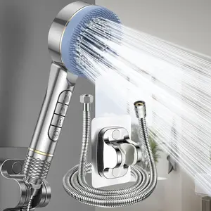 3pcs Adjustable Pressure Handheld Shower Head, Button Control Shut Off, 150cm Hose, No Drilling Bracket, Bathroom Shower Massage, Pet Bathing
