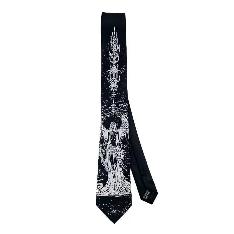 Unisex Normal Type Gothic Hell Embroidery Necktie, Black Punk Aesthetic Handcrafted Tie, Edgy Statement Accessory for Men-Women, 7x146cm Hand Tie, Embroidered Goth, Accessories