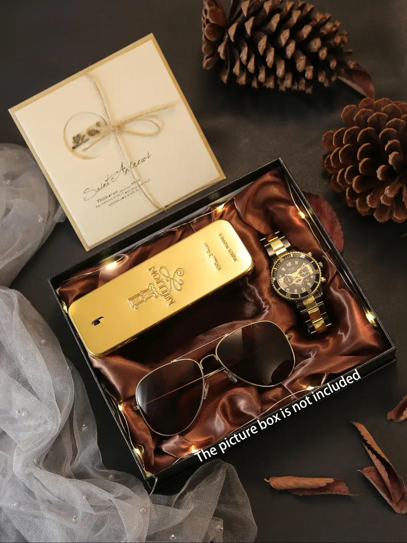 Men's Fashion Watch Set with Sunglasses, Perfume, Card, Perfect Gift for Father's Day, Teacher Appreciation, Thanksgiving