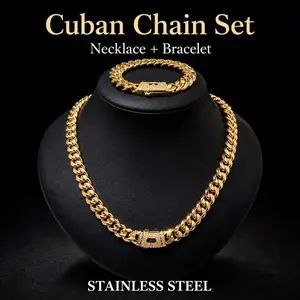 Unisex 2-Piece Gold Tone Cuban Link Chain Set – 6mm 16"-20" Stainless Steel Necklace, 7.5" Stainless Steel Bracelet, Durable Streetwear Hip Hop Minimalist Fashion Jewelry