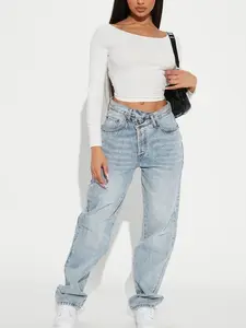 Step Waistband Crossover Jeans - Light Blue Wash